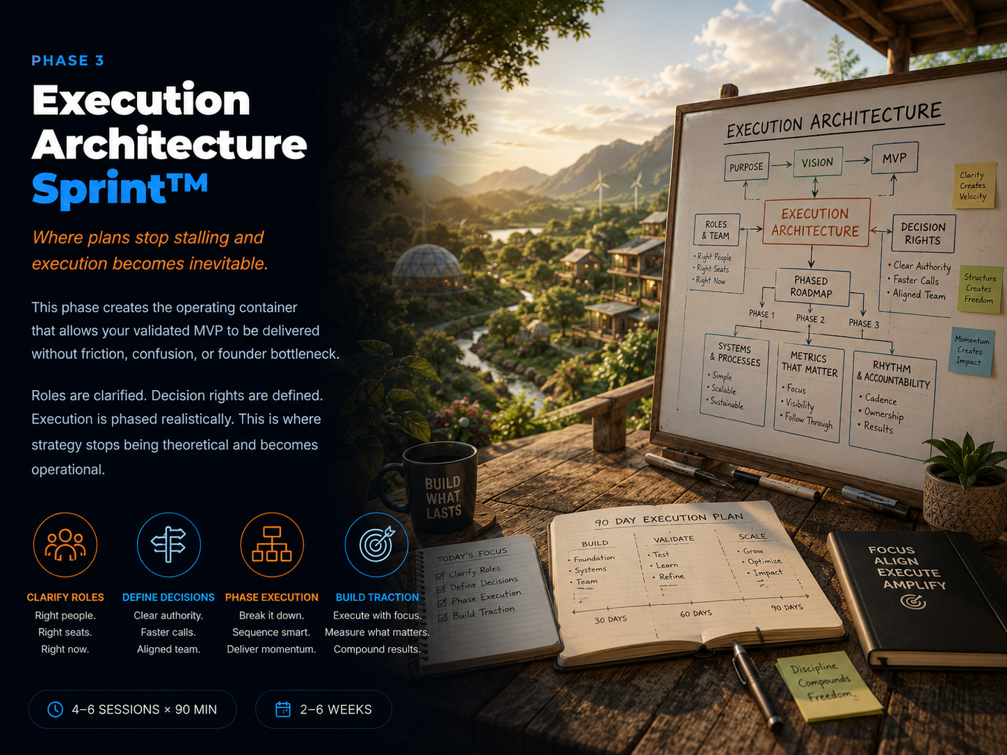Execution Architecture Sprint visual showing a planning board, decision-rights framework, phased roadmap, and execution plan in action