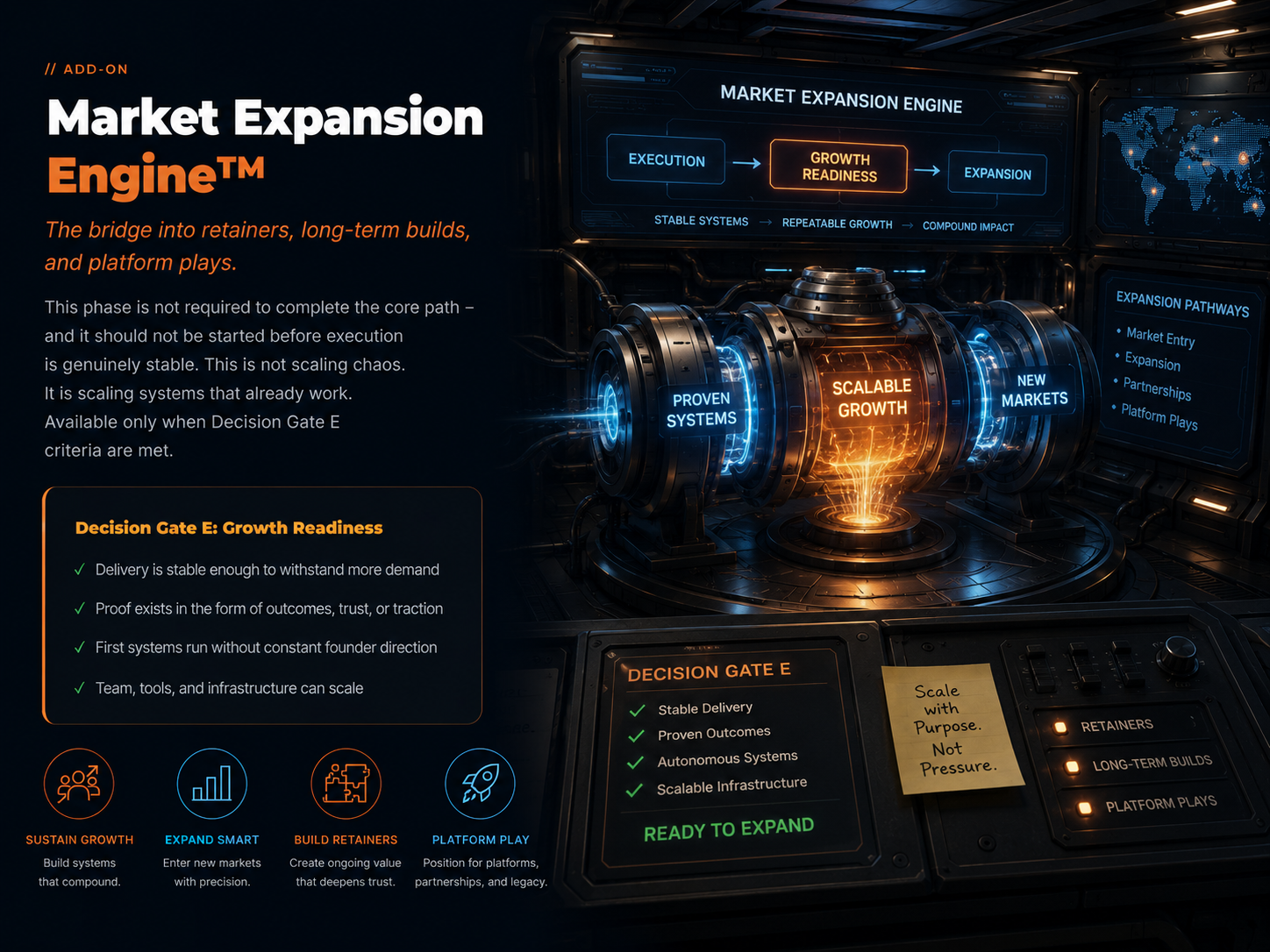 Market Expansion Engine visual showing proven systems, scalable growth, and new markets connected through a growth-readiness dashboard