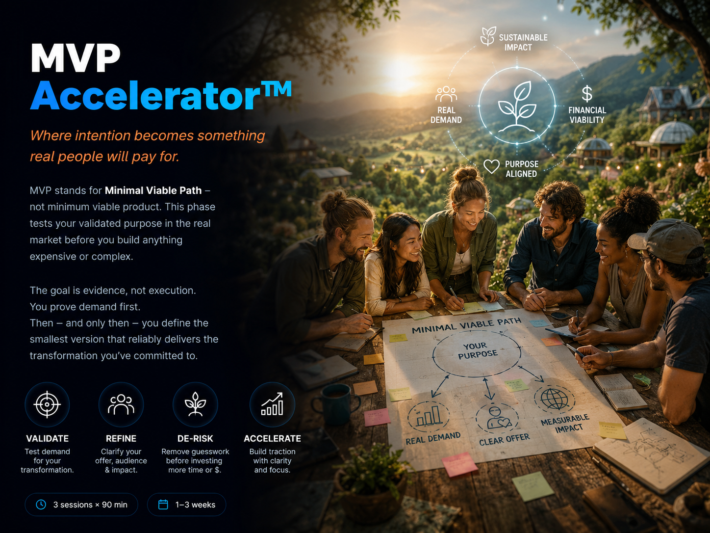 MVP Accelerator visual showing a community around a minimal viable path map focused on real demand, sustainable impact, and financial viability