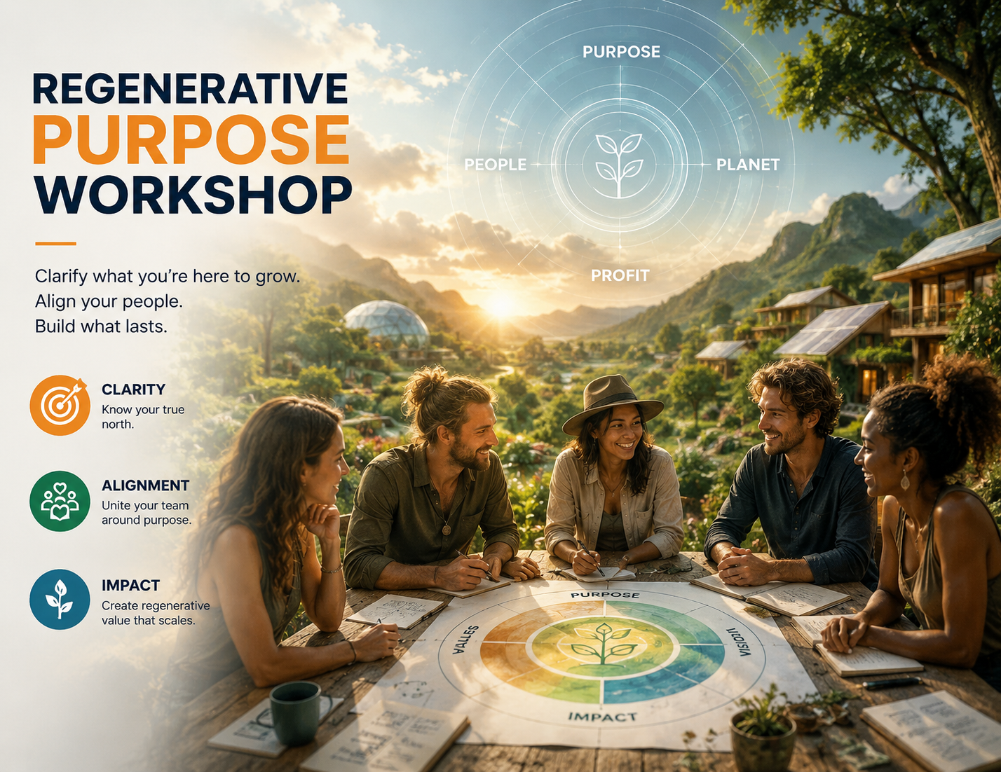 Regenerative Purpose Workshop visual showing a collaborative outdoor strategy session around purpose, people, planet, and profit